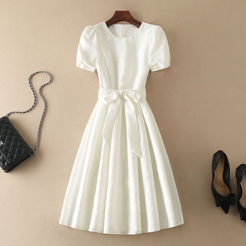 Fashion Design Chic Sweet Short Puff Sleeve Slim Waist White Black Temperament One Piece Dress