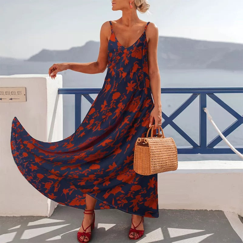 Summer Vintage Floral Print V-Neck Spaghetti Strap Dress