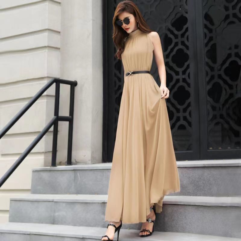 Simple Elegant Ladies Sleeveless Black Red Chiffon Long Dresses