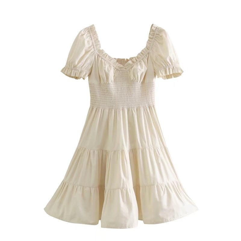 V Neck Elastic Beige Cotton Summer Dress