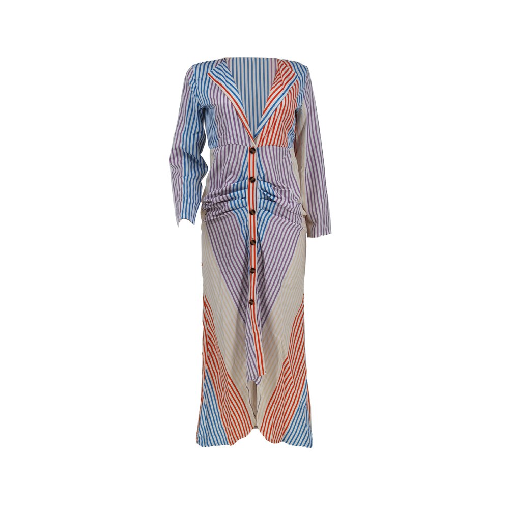 Striped Print Roll Up Sleeve Ruched Shirt Dress