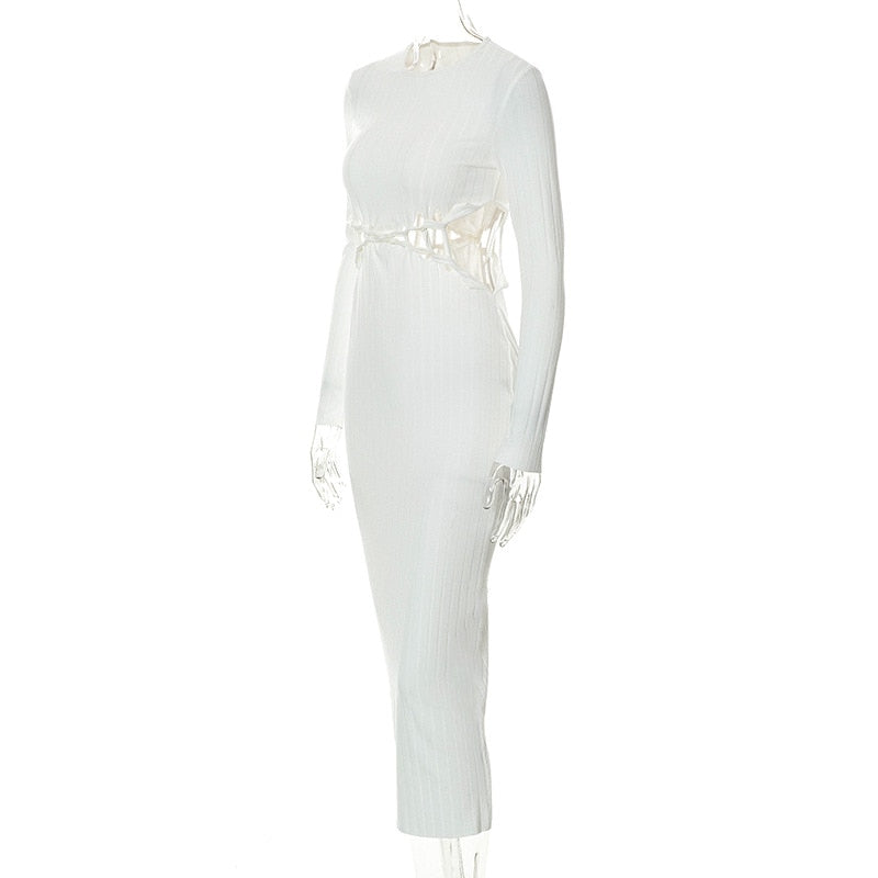 Solid Sexy Hollow Out Long Sleeve Maxi Dress