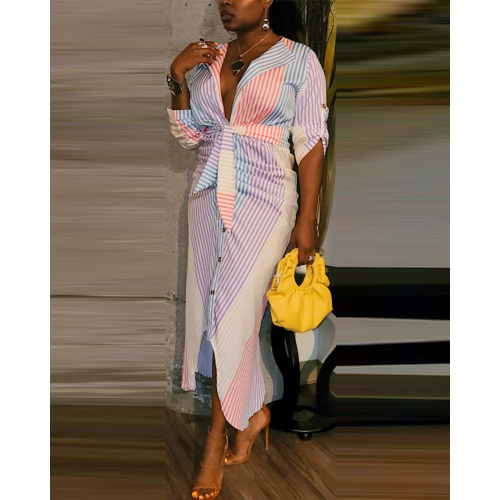 Striped Print Roll Up Sleeve Ruched Shirt Dress