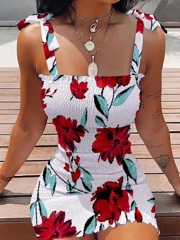 Summer Fashion White Sling Strapless Folds Mini Slim Pencil Print Tank Dress
