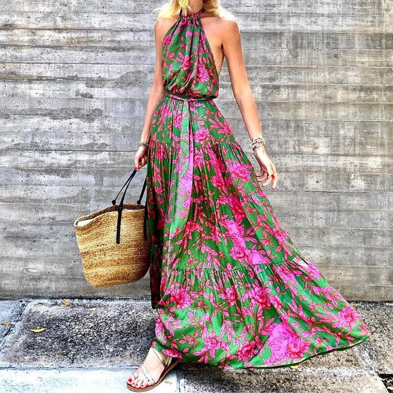 Summer Halter Sleeveless Floral Print Boho Dress