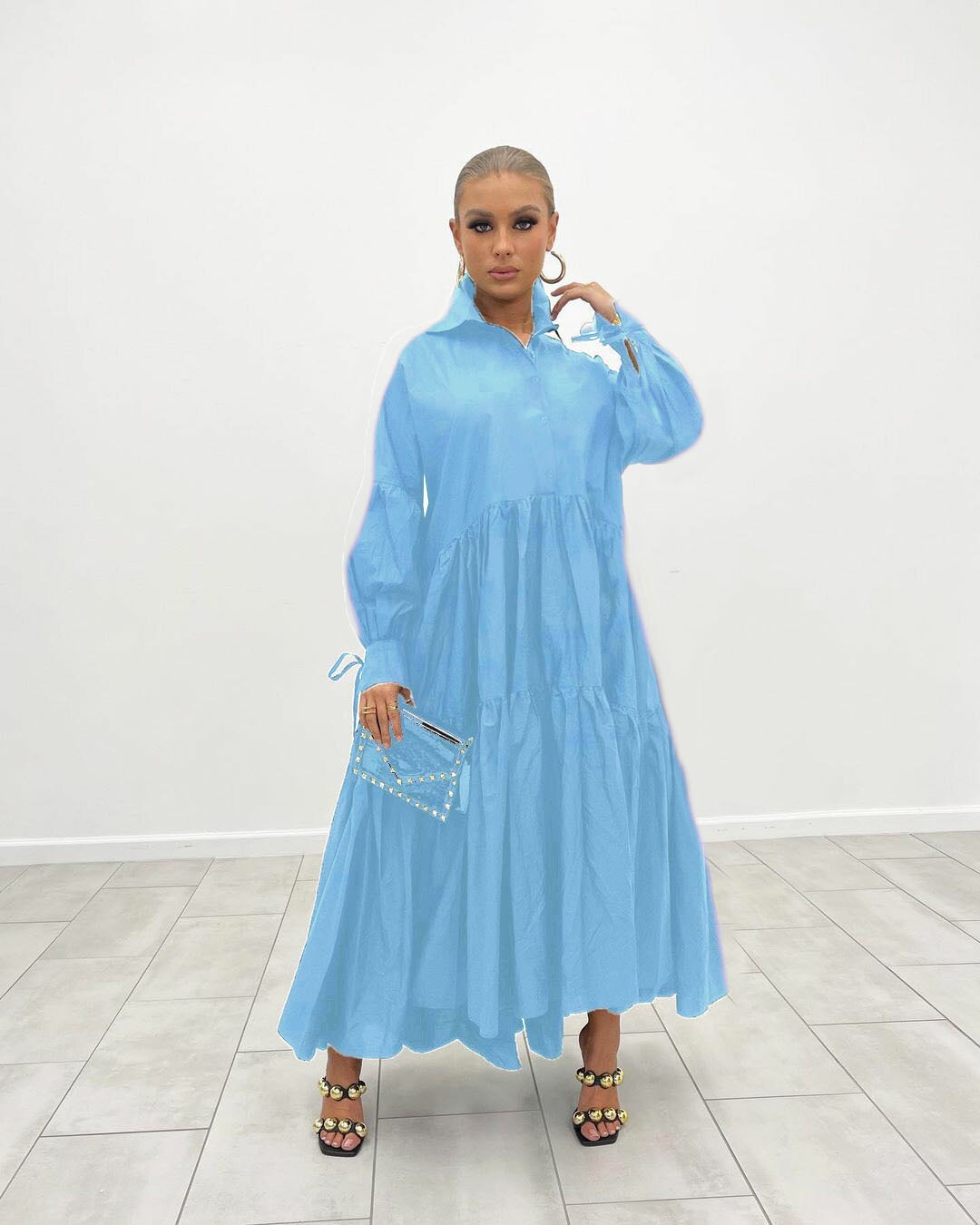 Spring Turn Down Collar Long Shirt Maxi Dress