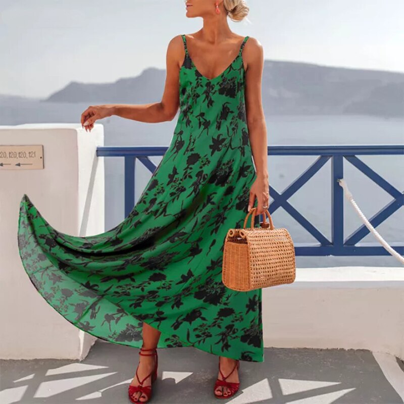 Summer Vintage Floral Print V-Neck Spaghetti Strap Dress
