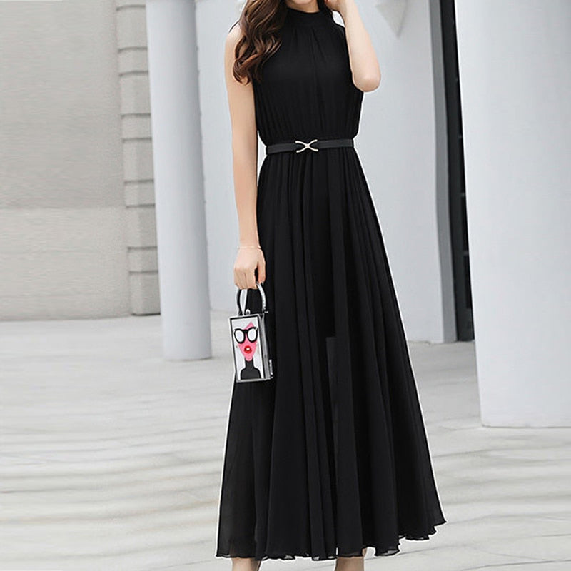 Simple Elegant Ladies Sleeveless Black Red Chiffon Long Dresses