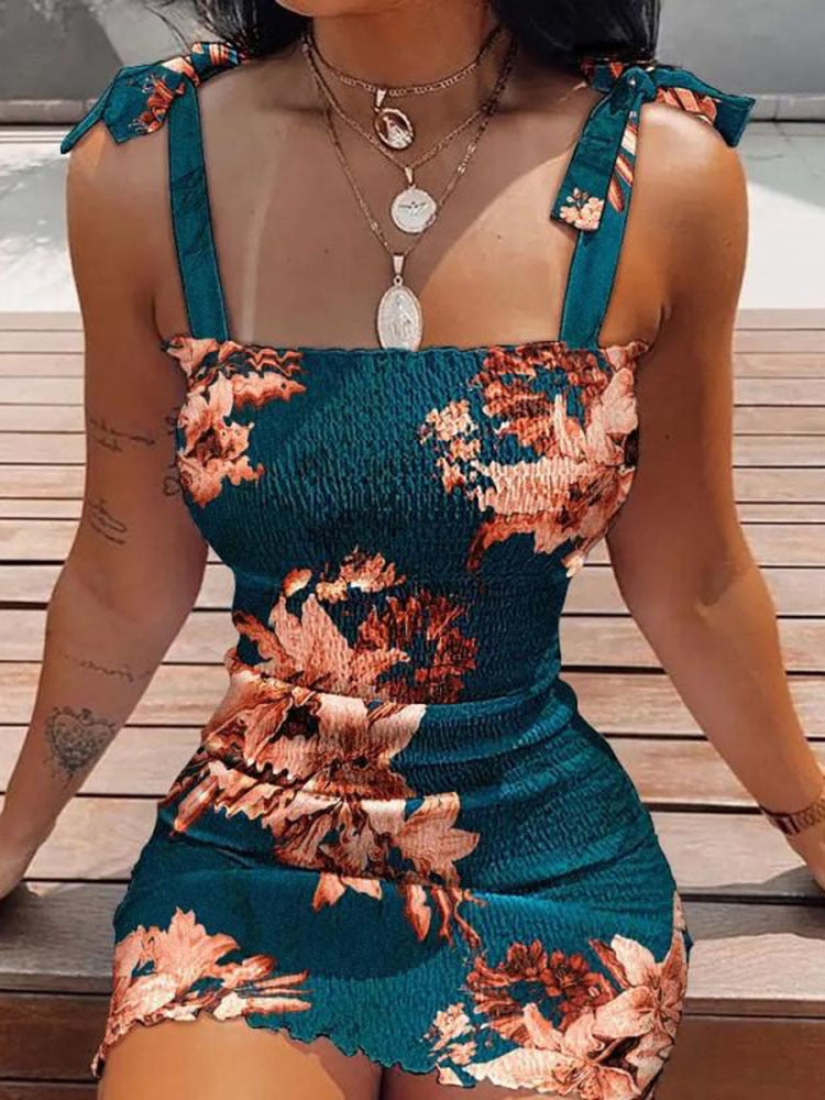Summer Fashion White Sling Strapless Folds Mini Slim Pencil Print Tank Dress