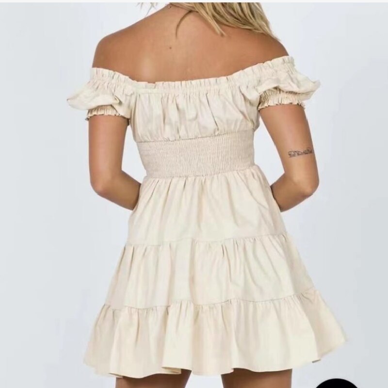 V Neck Elastic Beige Cotton Summer Dress
