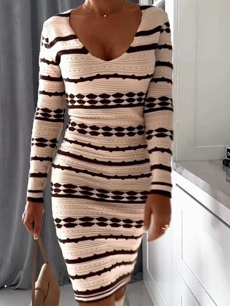 Knee Length Skinny Long Sleeve Casual Striped Sweater Dress