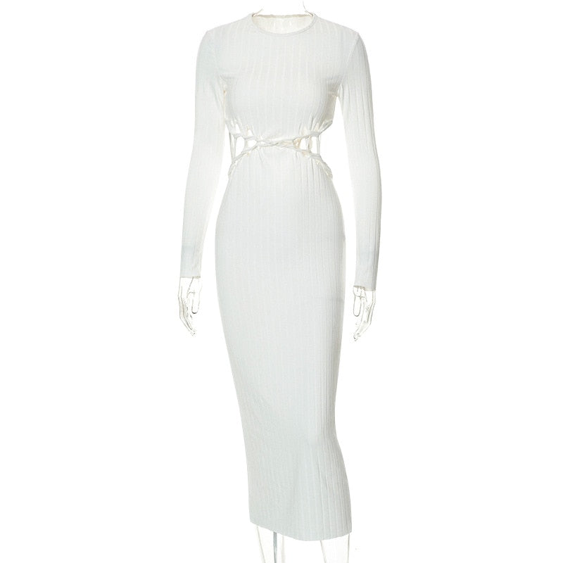 Solid Sexy Hollow Out Long Sleeve Maxi Dress