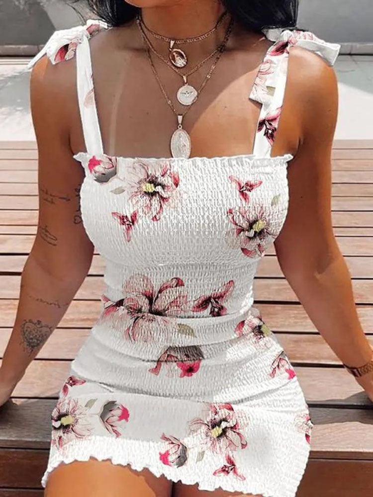 Summer Fashion White Sling Strapless Folds Mini Slim Pencil Print Tank Dress