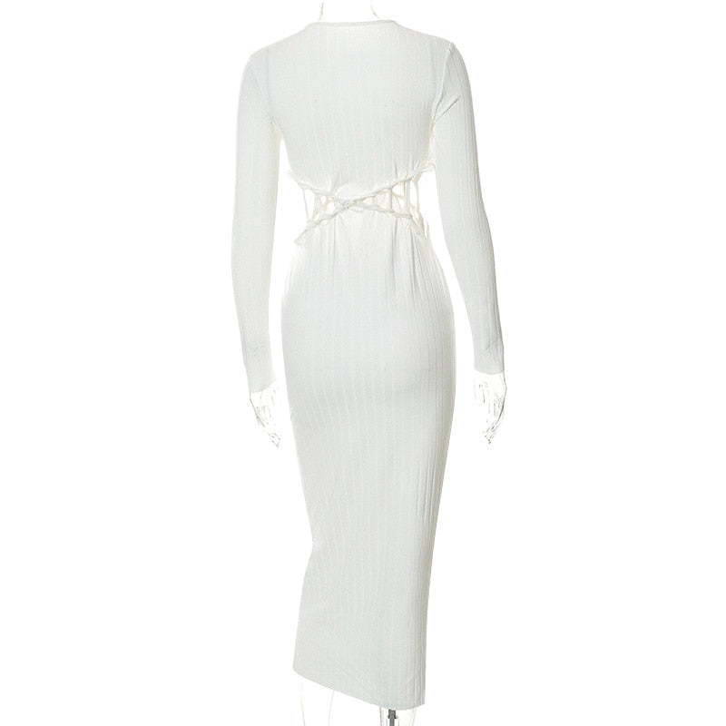 Solid Sexy Hollow Out Long Sleeve Maxi Dress