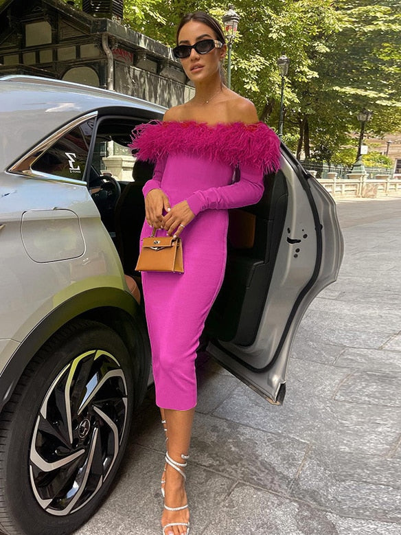 Slash Neck Off Shoulder Feather Long Sleeve Bodycon Autumn Dress