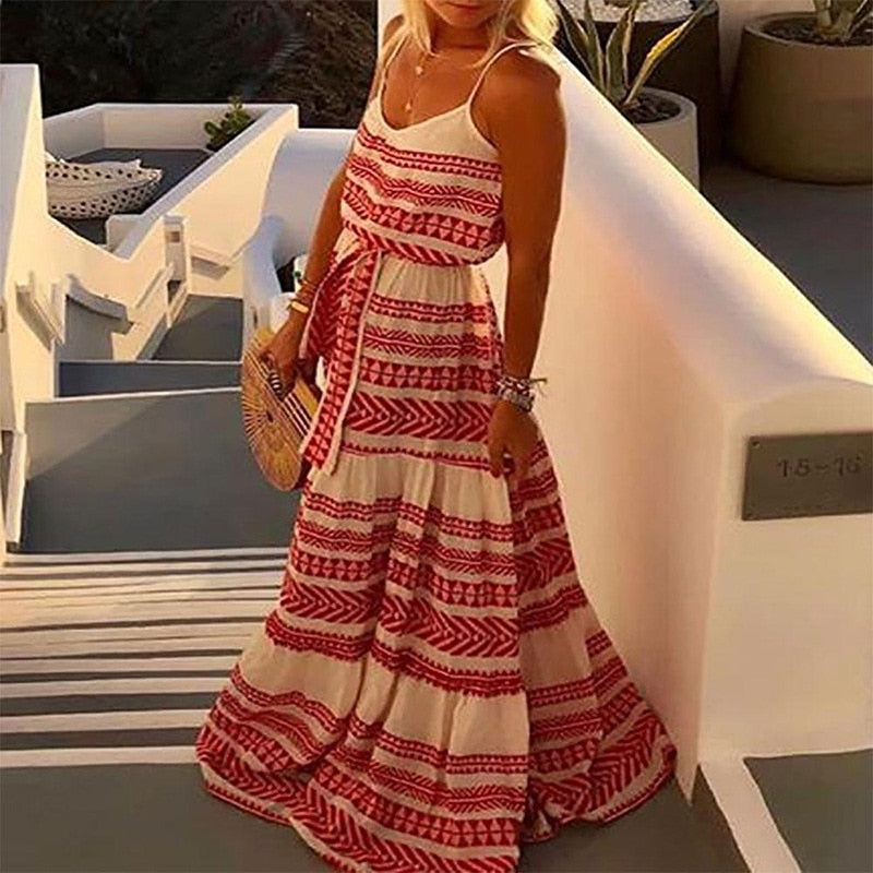 Vestido Boho Women Sexy Deep V Neck Strap Beach Dress