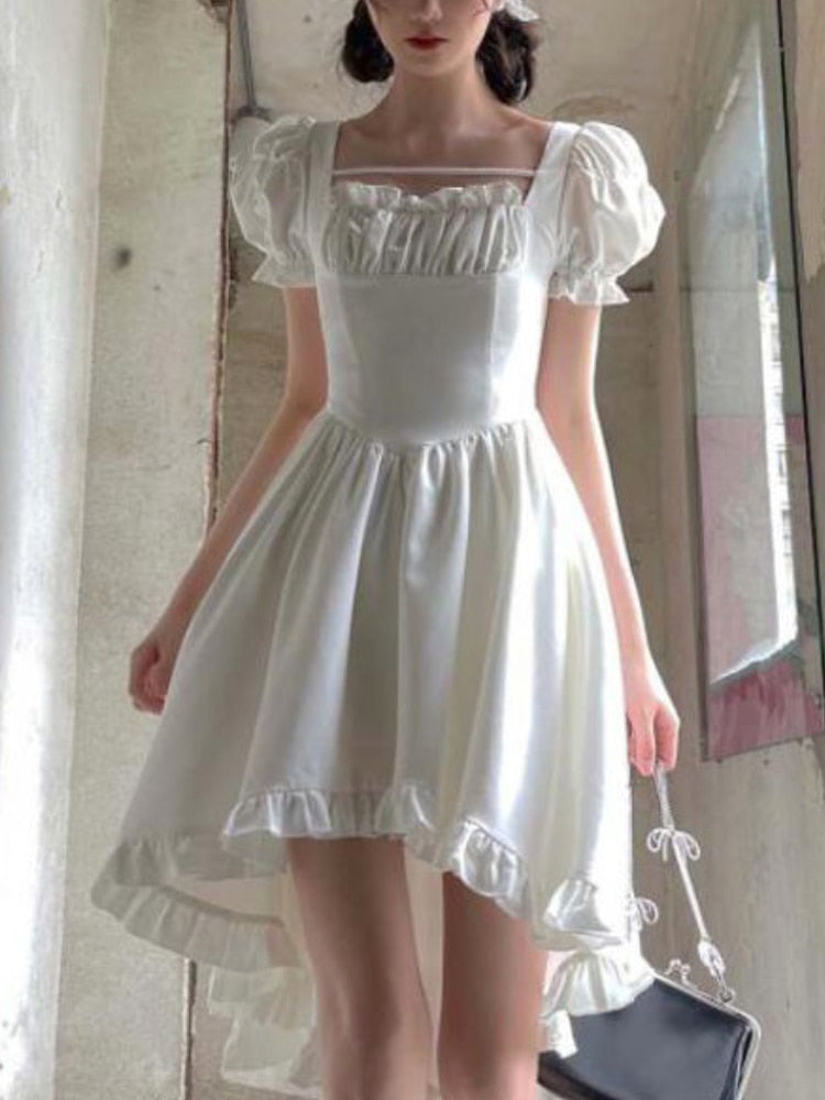 Female Designer Chic Square Collar Puff Sleeve Fashion Dress