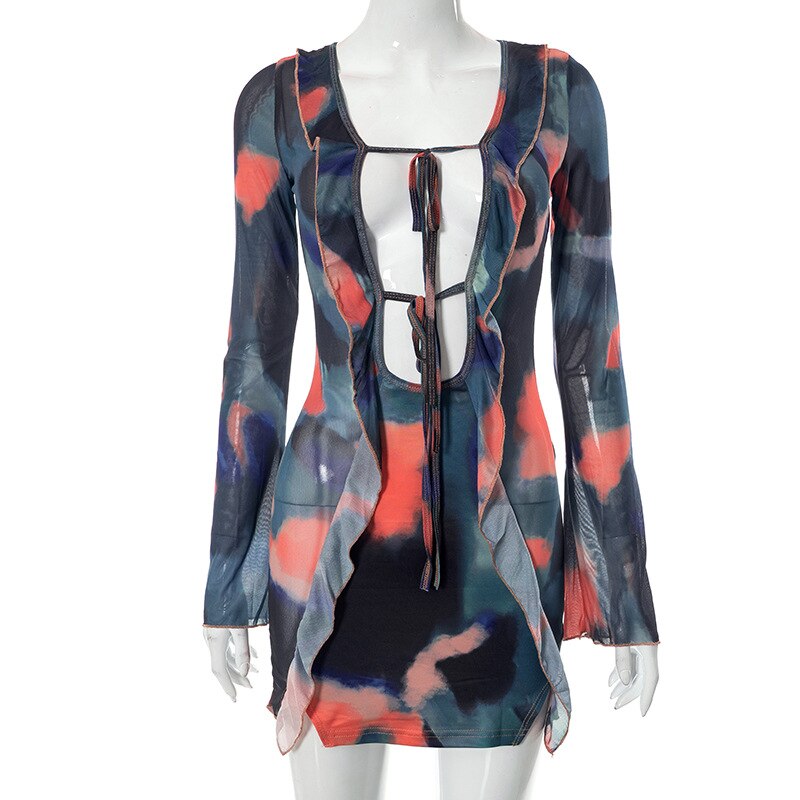 Summer Tight Mesh See Though Print Mini Dress