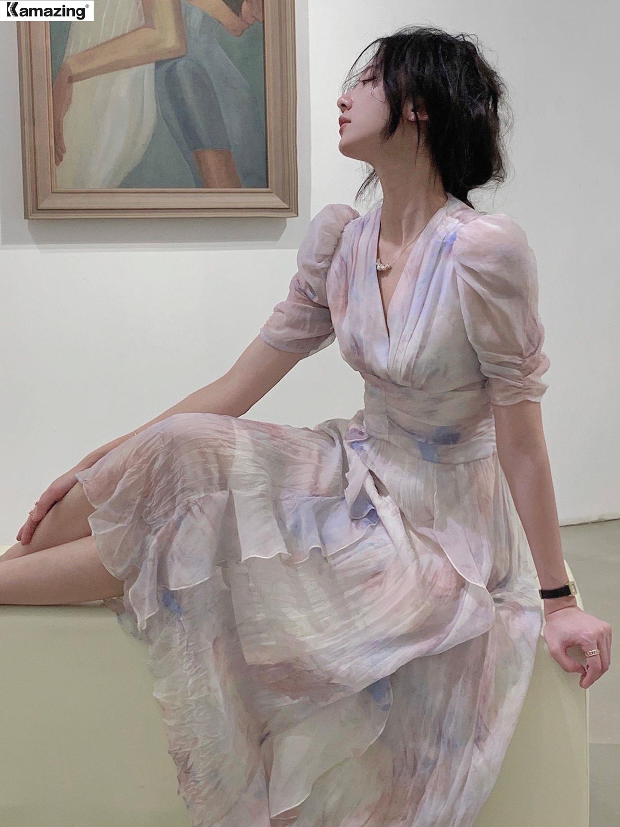 Summer French Style Women Elegent Party Midi Print Dress