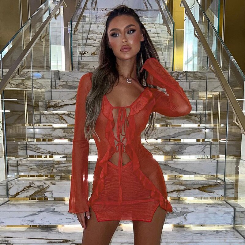 Summer Tight Mesh See Though Print Mini Dress