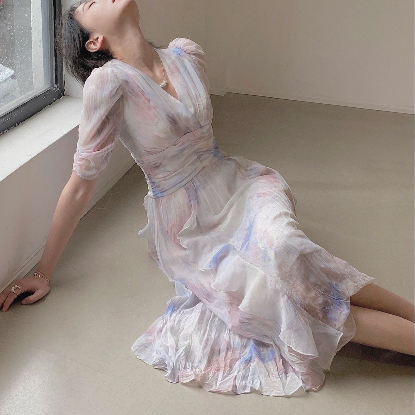 Summer French Style Women Elegent Party Midi Print Dress