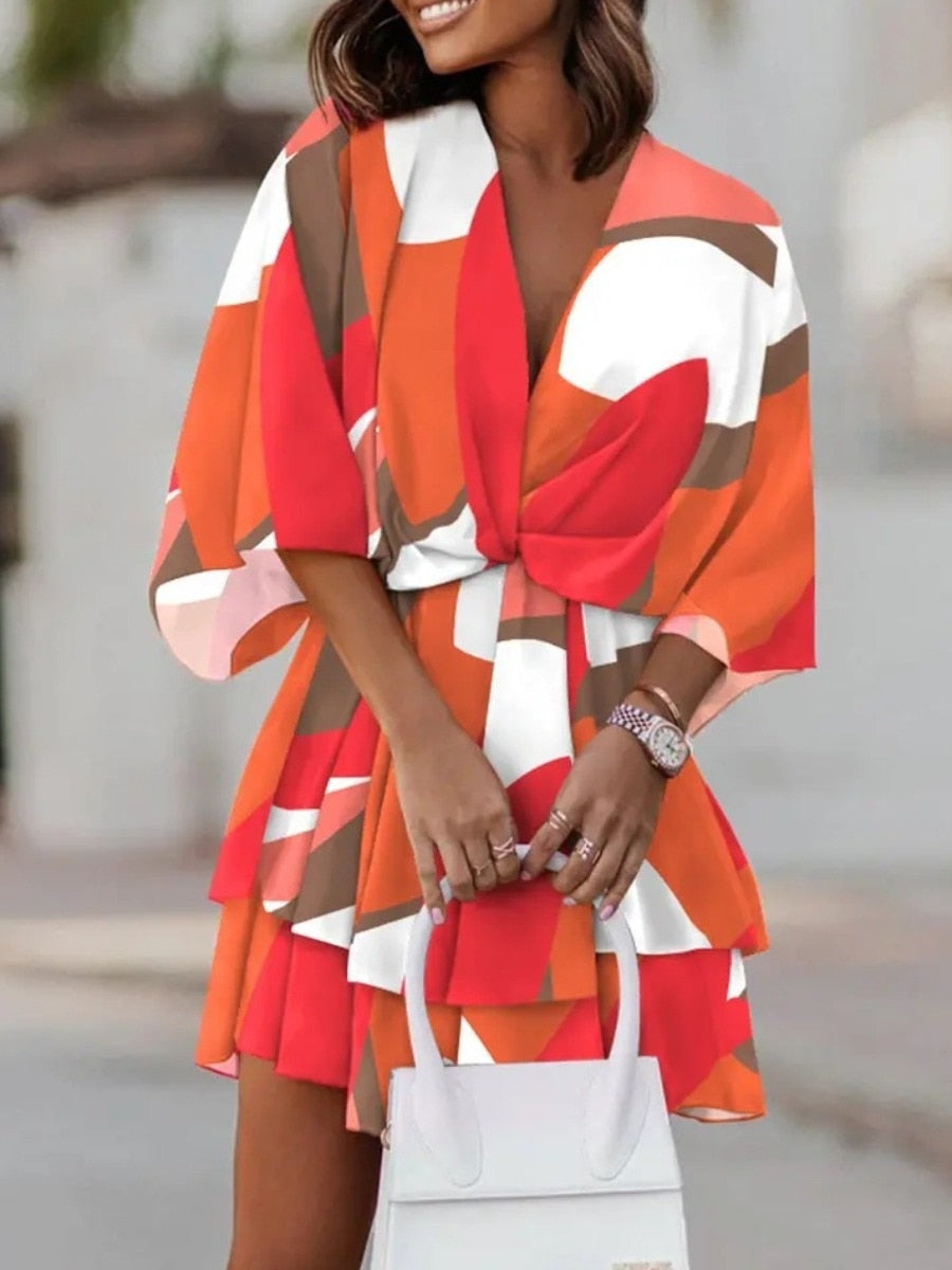 V Neck Floral Print Layered Cascading Dress