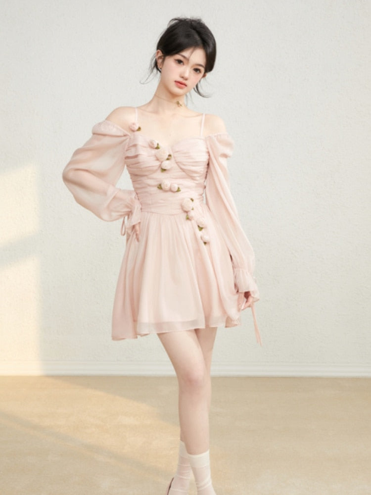 Sweet Sexy Chiffon Strap Dress Women Slim Y2k Party Mini Dress