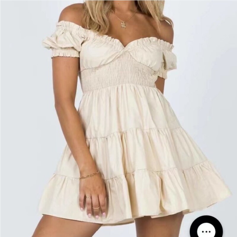 V Neck Elastic Beige Cotton Summer Dress