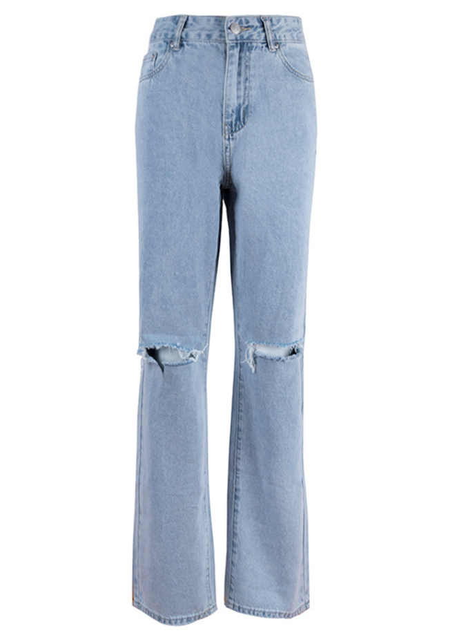 Blue Wash Straight Leg Knee Ripped Jeans
