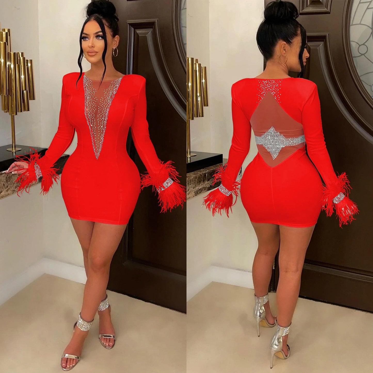 Feathers Sheer Mesh Diamond Streetwear Party Night Slim Fitness Dress