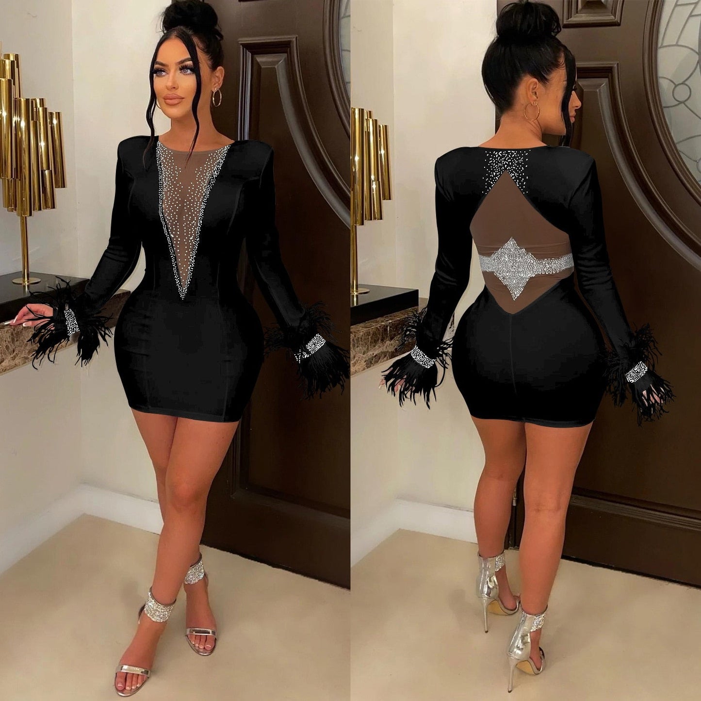 Feathers Sheer Mesh Diamond Streetwear Party Night Slim Fitness Dress