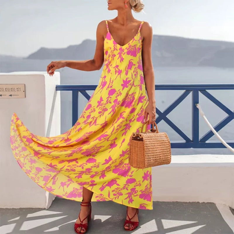 Summer Vintage Floral Print V-Neck Spaghetti Strap Dress