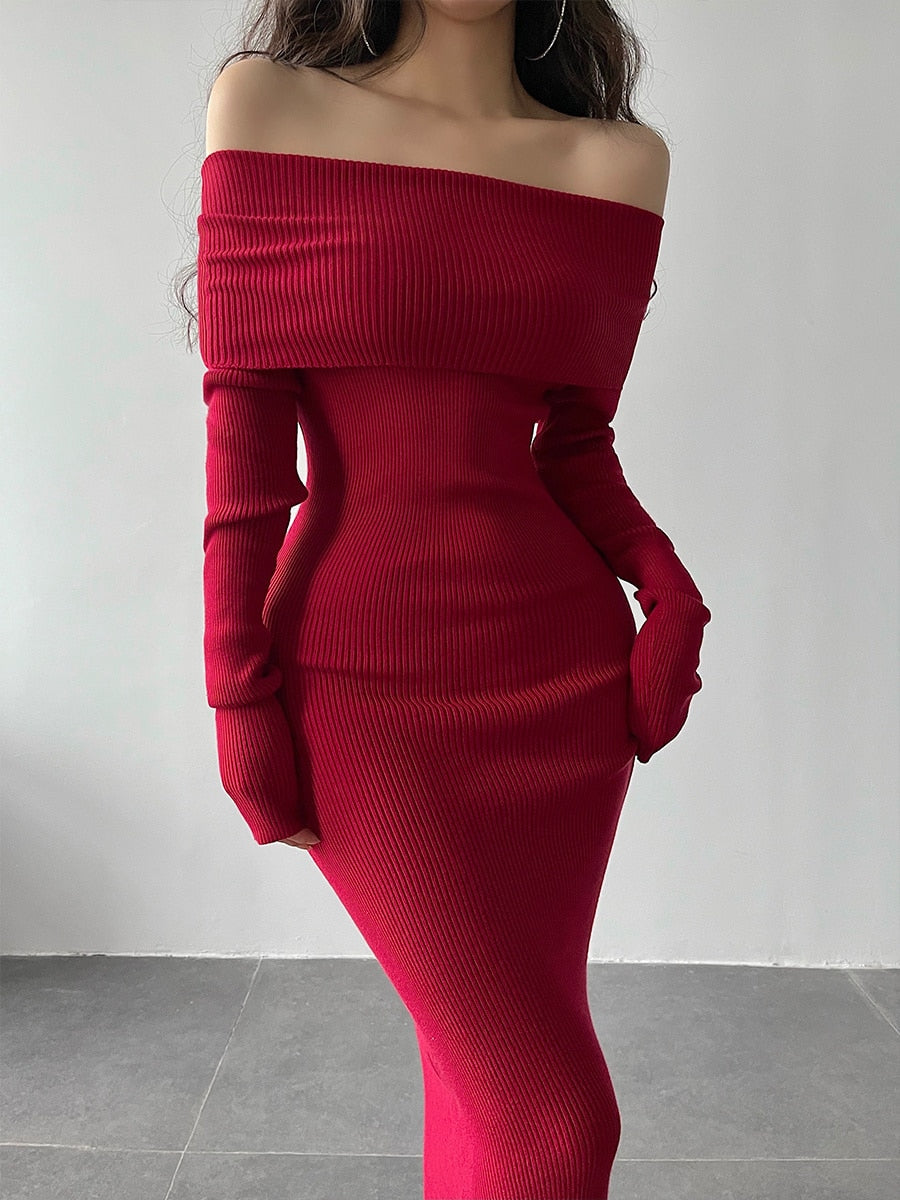 Slash Neck Tight Long Skinny Hip Long Sleeve Maxi Long Sweater Dress