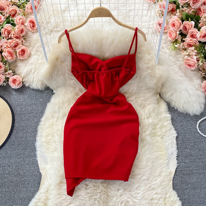 Solid Irregular Hip Wrap Red Dress