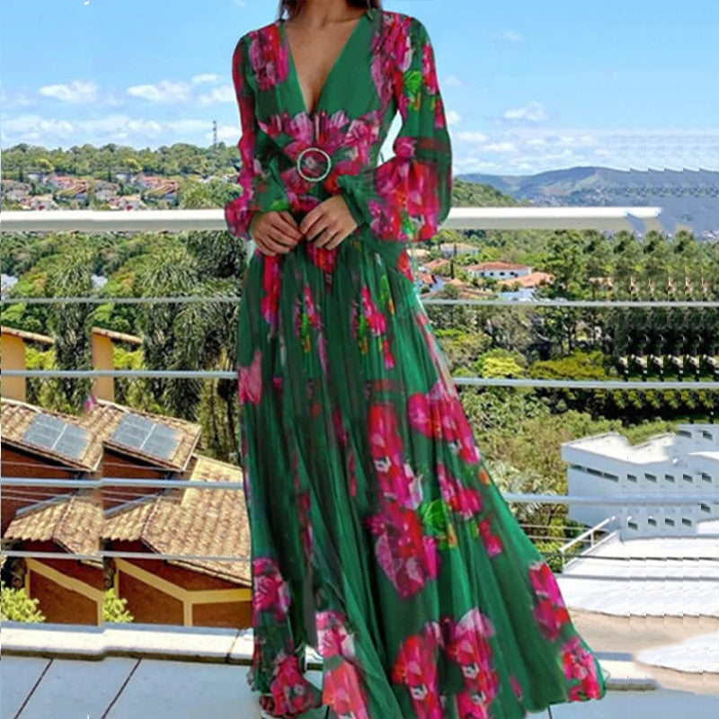 Spring Vintage Floral Print Pleated Maxi Dress