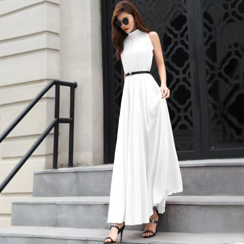 Simple Elegant Ladies Sleeveless Black Red Chiffon Long Dresses