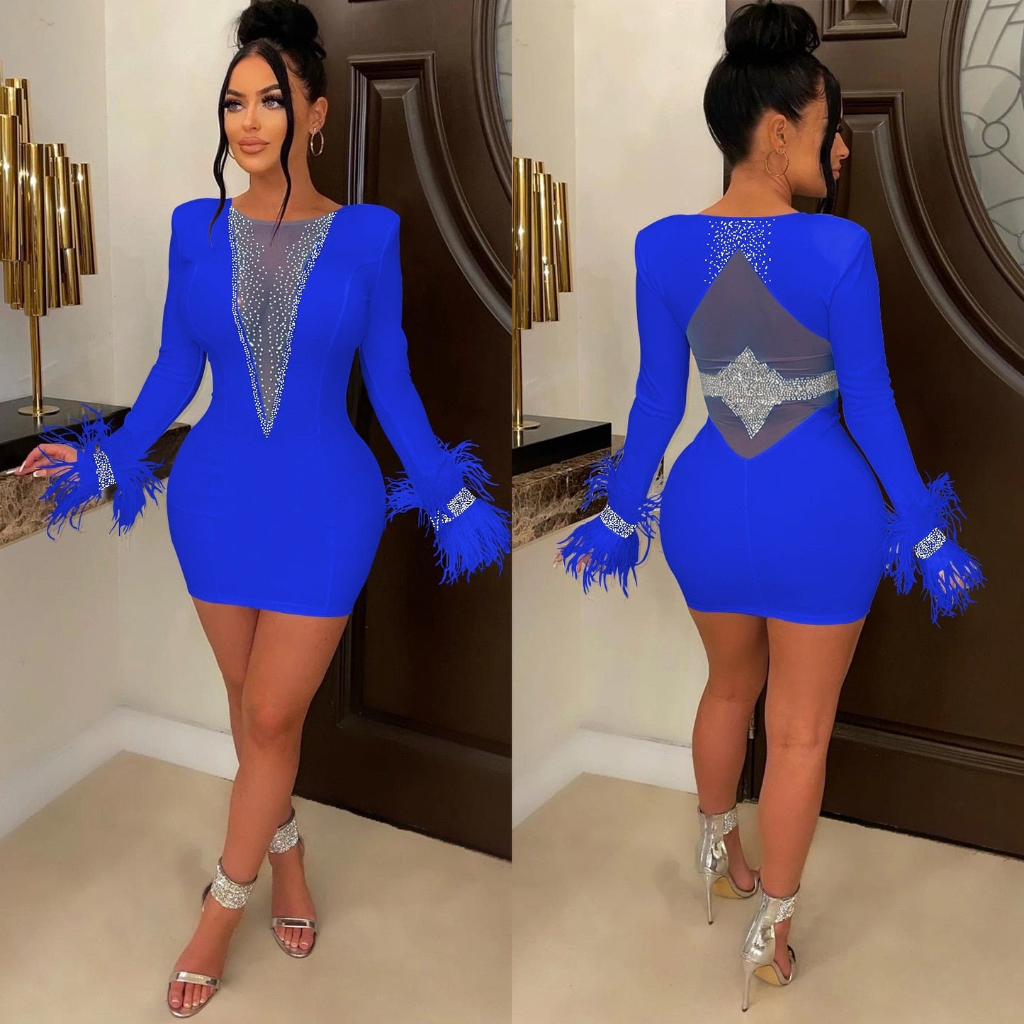 Feathers Sheer Mesh Diamond Streetwear Party Night Slim Fitness Dress