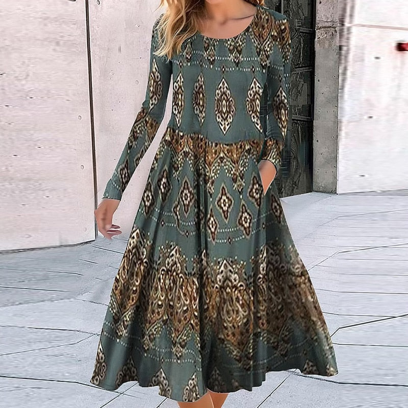 Vintage Fashion Pattern Print Boho Long Dress