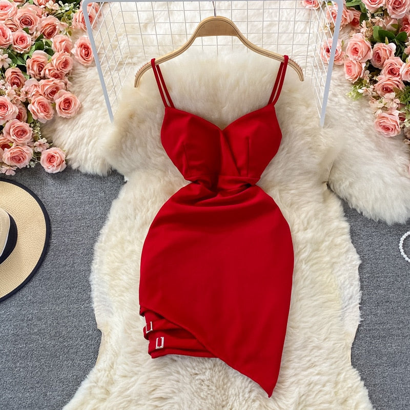 Solid Irregular Hip Wrap Red Dress