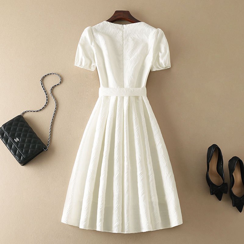 Fashion Design Chic Sweet Short Puff Sleeve Slim Waist White Black Temperament One Piece Dress