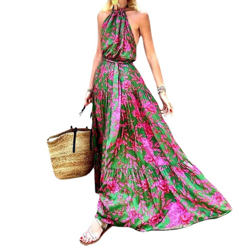 Summer Halter Sleeveless Floral Print Boho Dress