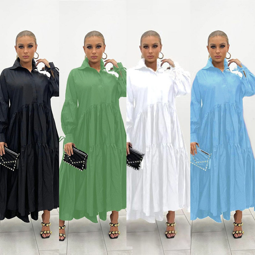 Spring Turn Down Collar Long Shirt Maxi Dress