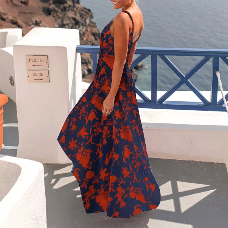 Summer Vintage Floral Print V-Neck Spaghetti Strap Dress