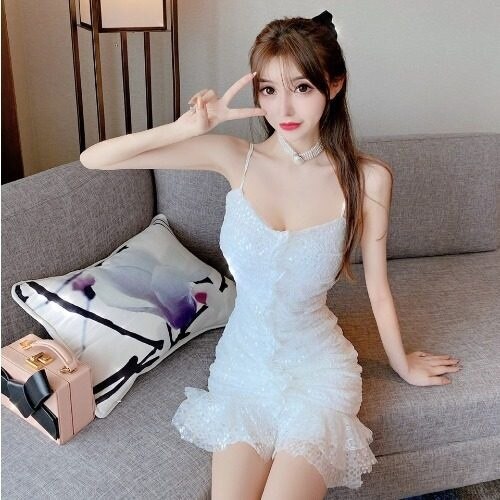 White Sequin Strapless Spaghetti Strap Dress