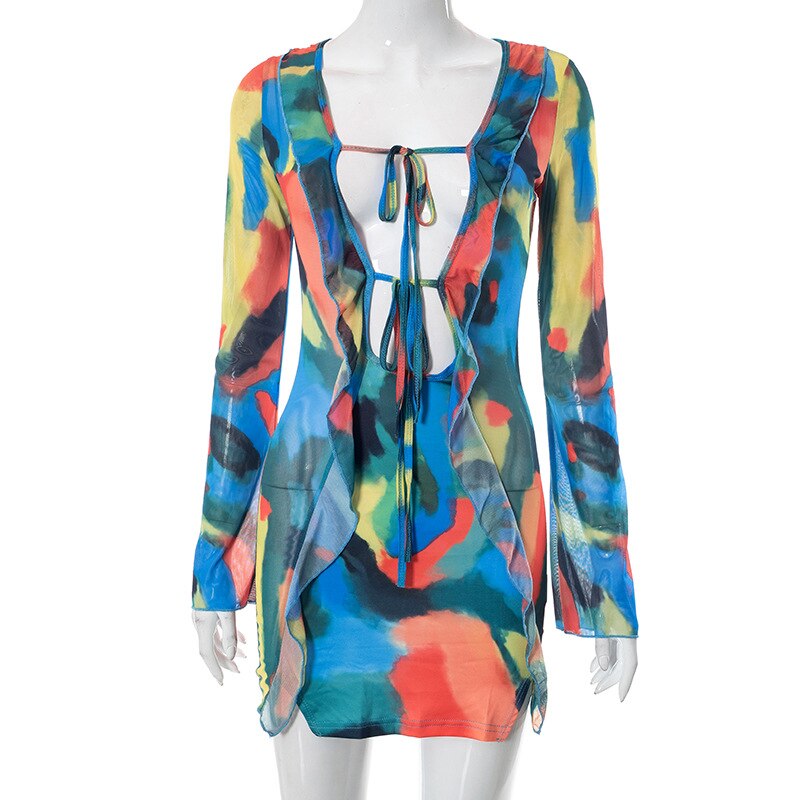 Summer Tight Mesh See Though Print Mini Dress