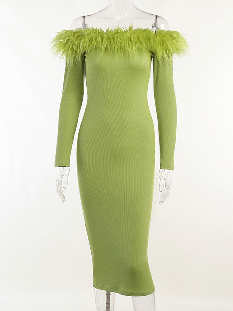 Slash Neck Off Shoulder Feather Long Sleeve Bodycon Autumn Dress