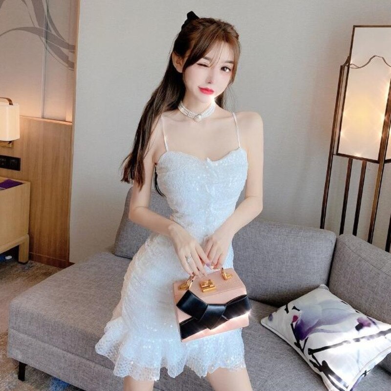 White Sequin Strapless Spaghetti Strap Dress
