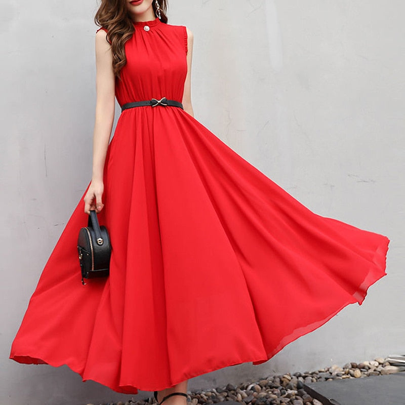 Simple Elegant Ladies Sleeveless Black Red Chiffon Long Dresses