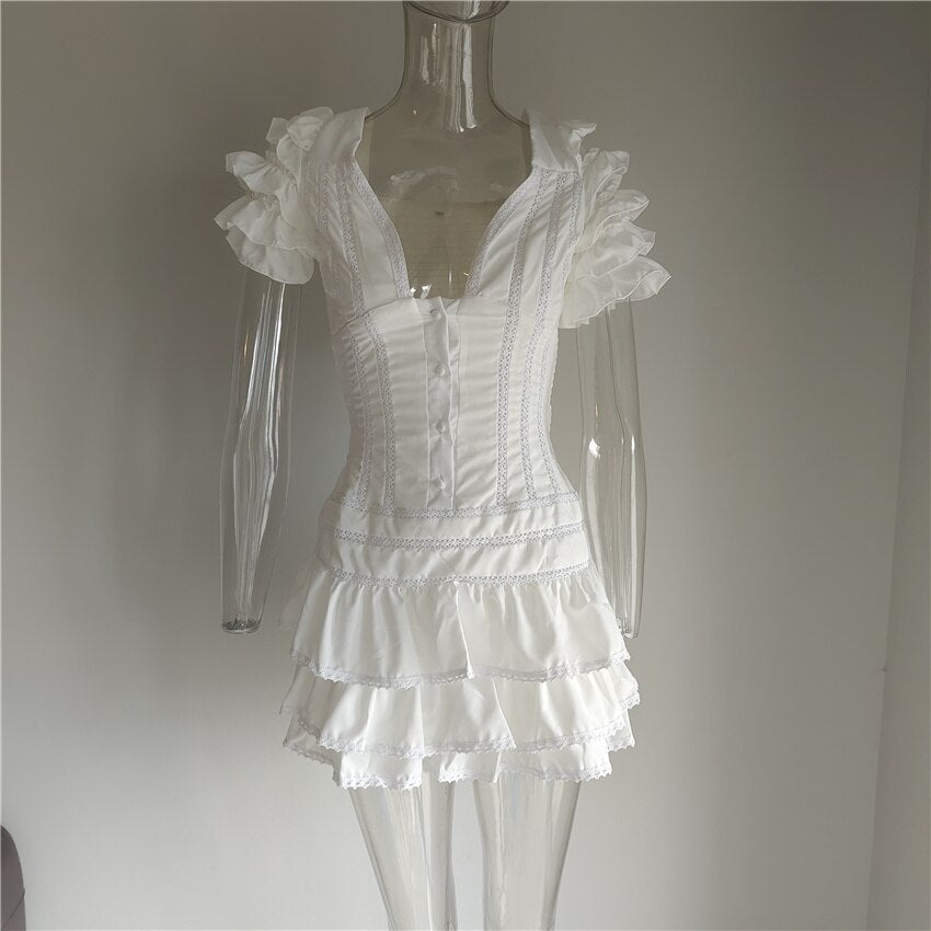 Summer and Autumn Short Sleeve Ruffle Pink V-neck Sexy Mini Dress
