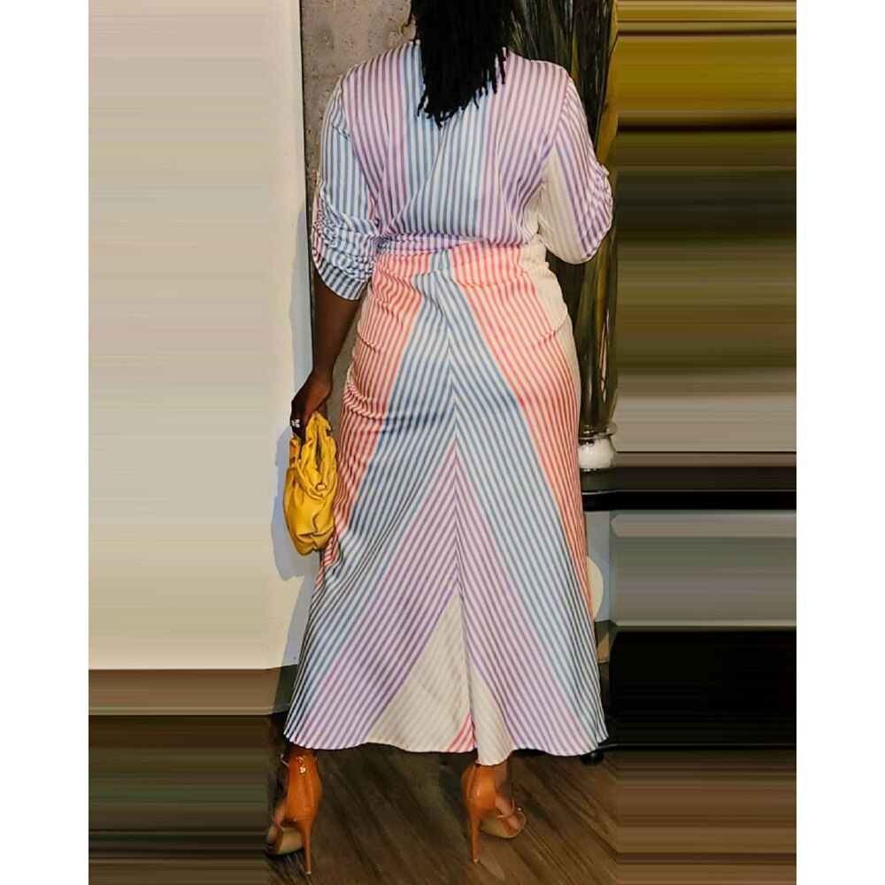 Striped Print Roll Up Sleeve Ruched Shirt Dress